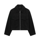 Chaqueta de otoño de lana para mujer con cremallera Corte corto Cuello solapa Dos bolsillos con solapa Abrigo elegante para el período 2