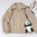 Chaqueta de peluche reversible beige para mujer con cuello a cuadros y motivo de oso Cierre con cremallera Lado de cuadros en el interior 3