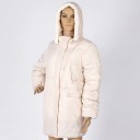 Chaqueta de plumas para mujer con capucha y forro de imitación de lana de oveja Corte largo de invierno Puños tejidos Bolsillos con solapa 11