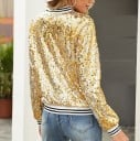 Chaqueta de primavera para mujer con lentejuelas en corte bomber Cuello y ribetes de punto a rayas Cierre de cremallera Manga larga 4