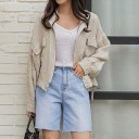 Chaqueta de primavera para mujer de algodón y lino Beige Corte corto y holgado Cuello alto Cierre con cremallera Bolsillos en el pecho Dobladillo 4