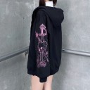 Chaqueta de sudadera con capucha para mujer Negra Motivo rosa de calavera con espada y rosas en las mangas Bolsillos frontales Corte holgado Poliéster 3