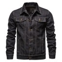 Chaqueta vaquera de manga larga para hombre Abrigo vaquero clásico Cierre de botones Bolsillos en el pecho Costuras acolchadas Chaqueta de transición elegante 3