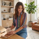 Chemise à rayures colorées pour femmes avec manches longues, rayures verticales peintes, col classique et boutons sur toute la longueur du devant 2