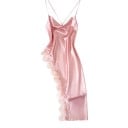 Chemise de nuit longue en satin pour femme avec décolleté en cascade et bretelles croisées dans le dos avec un nœud et une bordure 6