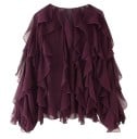 Chemise élégante pour femme semi-transparente avec volants et décolleté en V Manches longues Fermeture à boutons Blouse unie en polyester 5