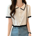 Chemise élégante pour femmes à manches courtes Blouse unie en polyester avec des rayures au col et des volants aux manches Haut stylé à boutons 3
