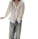 Chemise en dentelle élégante pour femme à manches longues Blouse transparente avec décolleté en V et fermeture à boutons Top uni en polyester 7
