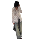 Chemise en dentelle élégante pour femme à manches longues Blouse transparente avec décolleté en V et fermeture à boutons Top uni en polyester 8