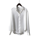 Chemise en satin élégante pour femmes avec col Coupe ample avec boutons Blouse unie en polyester Top stylé pour le travail et les loisirs 14