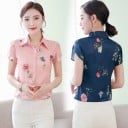 Chemise femme à manches courtes avec des manches froncées et imprimé floral Col classique Fermeture à boutons Tissu en polyester léger 6