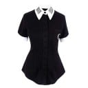 Chemise noire et blanche pour femmes en style gothique Col blanc avec inscription Manches courtes Poche en forme de croissant Coupe cintrée 2