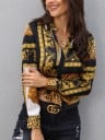 Chemise pour femme avec motif léopard et ornements dorés Rayures noires et panneaux blancs Manches longues avec poignets Col classique Fermeture 3