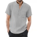 Chemise pour homme à manches courtes Unicolore Demi-ouverture Poche Fermeture à boutons Coton et lin 6