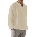 Chemise pour homme à manches longues Unicolore Col en V Coupe confortable Matériau naturel Coton et lin 2