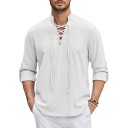 Chemise pour homme à manches longues unie en coton et lin avec lacet au col 2