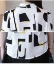 Chemisier blanc pour femmes avec un motif géométrique noir et jaune Décolleté en V avec des boutons Manches trois-quarts avec volant Polyester 4