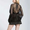 Chemisier extravagant pour femmes avec de larges manches transparentes à volants Grand nœud froncé au cou Col haut Coupe ajustée 5
