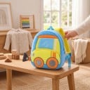 Children's Backpack 26 x 24 x 10 cm with a Yellow Bulldozer Design and Orange Wheels on a Light Blue Background with Main and Front Zip Pocket 5
