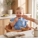 Children's Bib with Sleeves 30 x 25 cm Blue with White Rabbits and Colourful Leaves Shoulder Coverage Crumb Pocket and Rounded Bottom Edge 5