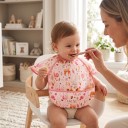 Children's Bib with Sleeves and Pocket 30 x 25 cm Over-the-Shoulder Cut Forest Animals on Light Pink Background Pink Trim and Velcro 5