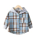 Children's Checked Hooded Shirt Blue-Brown Cotton Polyester Girls' and Boys' Jacket for Spring and Autumn Stylish Long-Sleeve Coat with Buttons 1