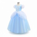 Children's Princess Costume Long Dress with Lace and Puff Sleeves Polyester and Tulle Light Blue and White For Carnival and Celebration 1