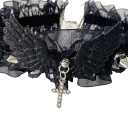 Choker de renda para senhora com asas, tachas e pendente em forma de cruz, colar ajustável para uso social 7