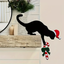Christmas Wall Decoration 20 x 20 cm Wooden Plaque with Black Cat in Christmas Hat and Lollipop Original Christmas Ornament for Interior 2