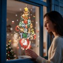Christmas Window Stickers Reusable Merry Christmas Sign in the Shape of a Christmas Tree with Santa, a Fox and a Hedgehog Colourful Glass Decoration 3
