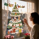 Christmas Window Stickers Reusable Snowy Christmas Tree with Carousel Santa and Snowman Green Display Decoration 3