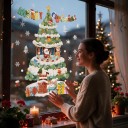 Christmas Window Stickers Reusable Snowy Christmas Tree with Carousel Santa and Snowman Green Display Decoration 5