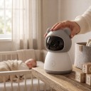 Chytrá dětská chůvička s monitorem a 2K kamerou Wi-Fi Ovládání aplikací Teploměr a vlhkoměr Otočná 355° Noční vidění Bílá a šedá 3