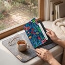 Ciemnoniebieskie etui flipowe 6 cali na Kindle 10. generacji 2019 z akwarelowymi łąkowymi kwiatami i liśćmi oraz z paskiem na rękę i folią 7