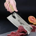 Čínský kuchařský nůž na krájení masa a ryb Široká čepel z uhlíkové oceli s kovaným vzhledem Dřevěná rukojeť se vzorem Tloušťka čepele 4 mm 4