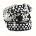 Cinto feminino rock com caveira e pedras preciosas em pele PU 110 cm Cinto estiloso com caveira metálica Pedras brilhantes Acessório de moda 1