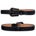Cinturón negro de mujer de piel sintética de 3,8 cm con piedras preciosas artificiales. Elegante cinturón ancho con purpurina. Accesorio de moda para pantalones, vestidos y faldas. 5