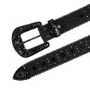 Cinturón negro de mujer de piel sintética de 3,8 cm con piedras preciosas artificiales. Elegante cinturón ancho con purpurina. Accesorio 4