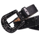 Cinturón negro de mujer de piel sintética de 3,8 cm con piedras preciosas artificiales. Elegante cinturón ancho con purpurina. Accesorio 5