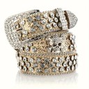 Cinturón rockero para mujer con calavera y gemas de piel sintética de 110 cm. Elegante cinturón con calavera de metal y piedras brillantes. Accesorio de moda estilo punk gótico. 5