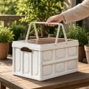Coffre de camping en plastique pliable avec couvercle et poignées 15 l 33 x 24 x 17 cm PP et plateau en bois Blanc Coffre de rangement pour voiture 6