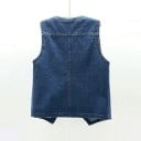Colete de denim feminino sem gola Decote em V Botões metálicos em tom dourado antigo Dois bolsos aplicados Bainha inferior pontiaguda 3