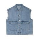 Colete de ganga feminino de corte solto Denim azul claro com algodão Gola clássica Botões metálicos Dois grandes bolsos com aba Ombros alongados 1