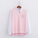 Colete de malha feminino com decote em V e coelho bordado Colete rosa sem mangas com riscas brancas e bainha canelada Algodão 2