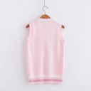 Colete de malha feminino com decote em V e coelho bordado Colete rosa sem mangas com riscas brancas e bainha canelada Algodão 4