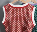 Colete de malha feminino sem mangas com decote em V Padrão de losangos tricotado Faixa estampada na bainha Bordas caneladas Algodão e acrílico 5