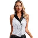 Colete feminino com lantejoulas e gola de lapela sem mangas em poliéster, corte elegante para uso social e outfit de noite 2