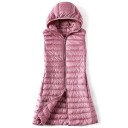 Colete longo feminino com capuz sem mangas Corte acolchoado prolongado Fecho com zip em toda a extensão Preenchimento com penas de pato 2