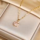 Collana da donna con pendente a forma di fiore, decorata con pietre luccicanti, decor in tonalità dorata 4