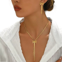 Collana in acciaio inossidabile con fiocchi 47+5 cm e orecchini 6.4 cm Atmosfera francese Fiocchi delicati Set di gioielli da donna 3